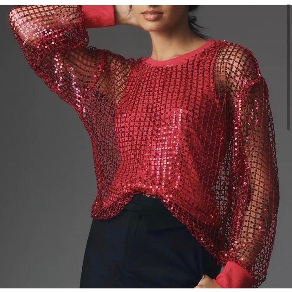 Pilcro Anthropologie Sequin Mesh Top Magenta Pink Long Sleeve Crew Neck M